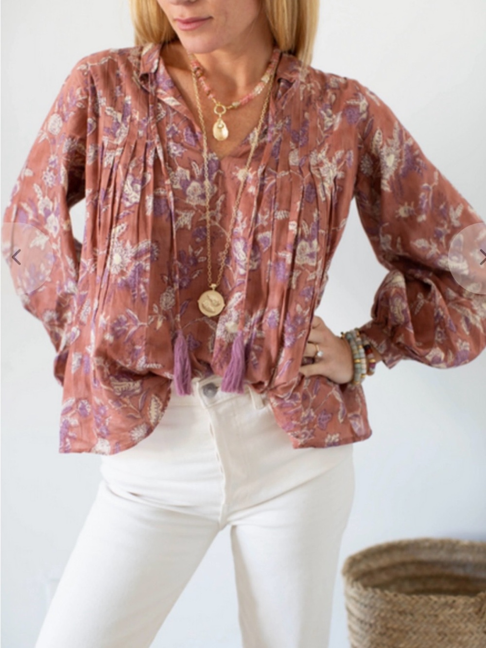 Pleated Floral V-Neck Blouse in Dusty Rose - Picture 2 of 5